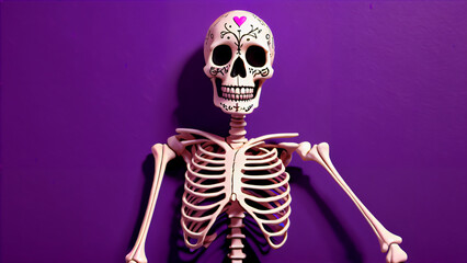 A festive mix of fun and fiction: a Día de los Muertos celebration with skeletons on a purple background, a mix of art, symbolism and mystery to honor the deceased through the contrasting elements