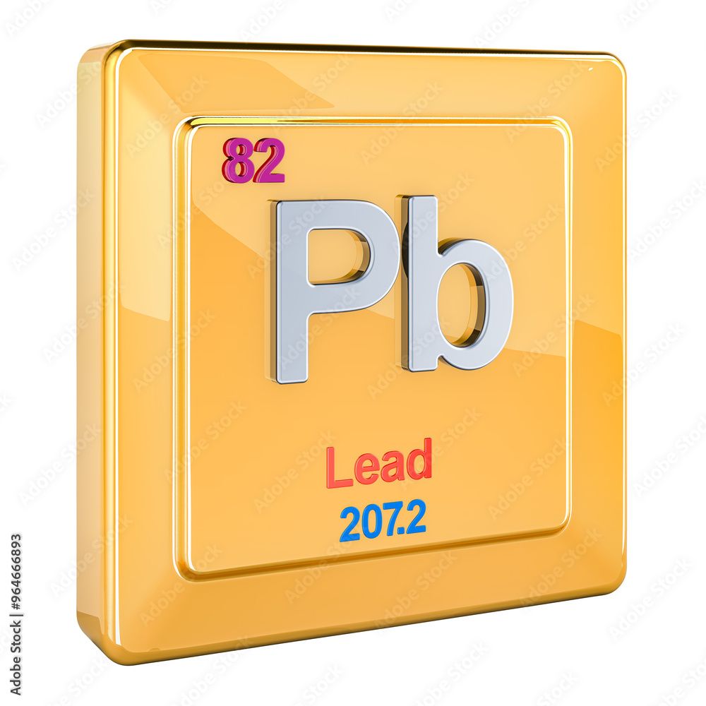 Poster lead plumbum pb, chemical element sign with number 82 in periodic table. 3d rendering isolated on tr