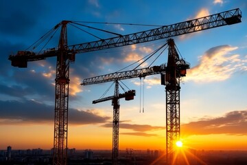 Construction cranes silhouetted against a sunset as the day ends on a massive building project