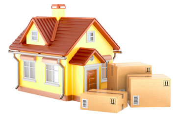 Home delivery, concept. House with parcels, cardboard boxes. 3D rendering isolated on transparent background
