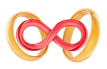 Infinity love, concept. Infinity sign with wedding rings, 3D rendering isolated on transparent background