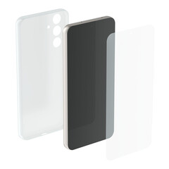 Smartphone with silicone transparent plastic case and glass screen protector, 3D rendering isolated on transparent background