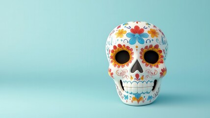 Detailed sugar skull with floral designs, vibrant colors, Day of the Dead, representing the artistry of life