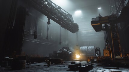 Heavy Machinery Factory with Large Industrial Cranes Moving Equipment