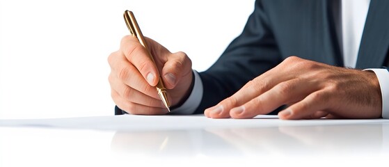Businessman Signing Contract with Gold Pen on White Table