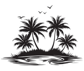 Fototapeta premium Tropical island with palm trees silhouette on the beach Summer vacation vector
