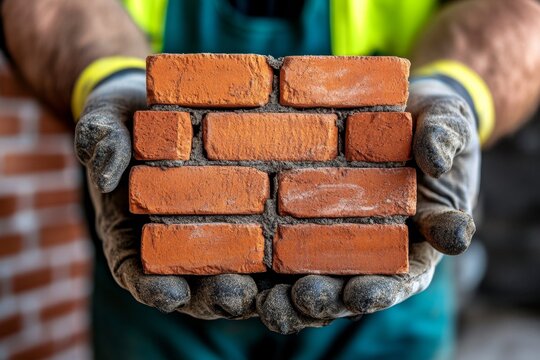 Construction team laying bricks for a fireplace inside a new home, creating a cozy centerpiece for the living room