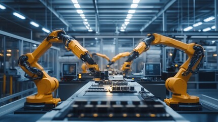 Inside a High-Tech Manufacturing Plant with Robotic Arms Assembling Products