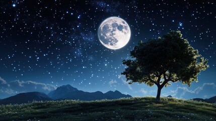Fototapeta premium A night sky filled with twinkling stars, with the moon casting a silvery glow on the landscape.