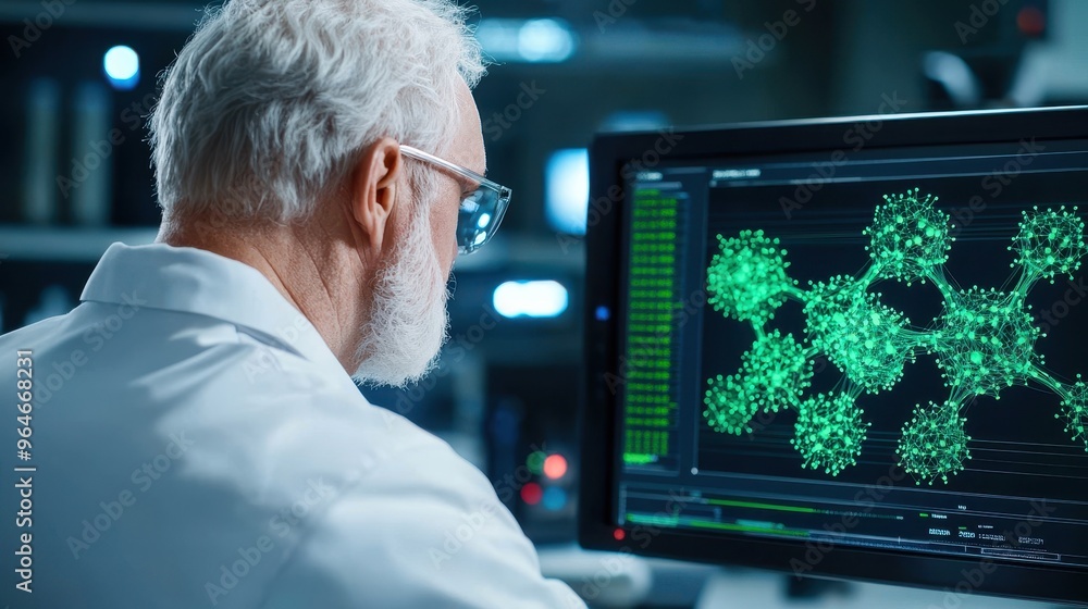 Poster a scientist analyzes molecular structures on a computer screen in a modern laboratory environment.