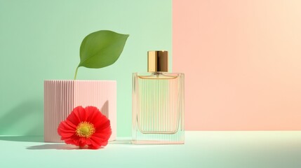 Elegant Minimalist Perfume Composition Vibrant Red Flower, Transparent Bottle with Gold Cap, Pink Geometric Vase, Green Leaf on Gradient Pastel Background