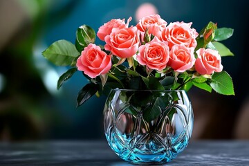 Crystal vase holding a bouquet of roses its smooth surface shimmering as the petals brush against the glass