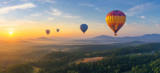 Obraz premium Colorful balloons hovering over the mountains at dawn, against a background of blue sky and greenery