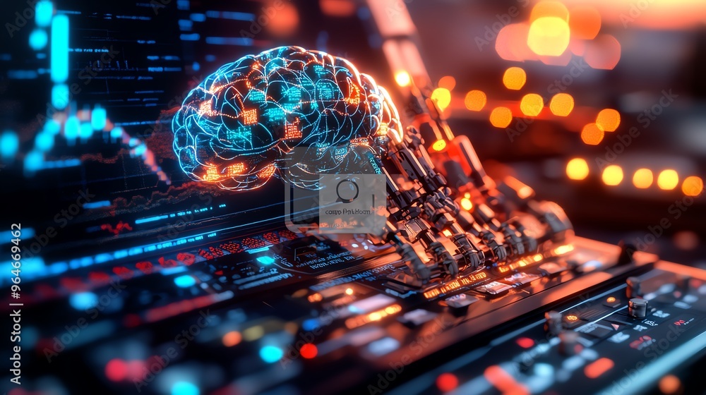 Poster futuristic concept of a digital brain intertwined with modern technology, showcasing innovation in a