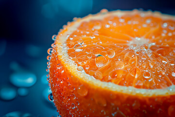 Close up of a succulent, juicy, fresh orange section with water droplets and shallow depth of field, with a dark token effect background with room for copy space.