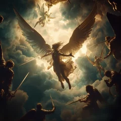 Sword battle between angels and demons in heaven, a biblical fight for the control of human souls, a war waged in heaven between sword-wielding angels against demons © Oleksii Halutva