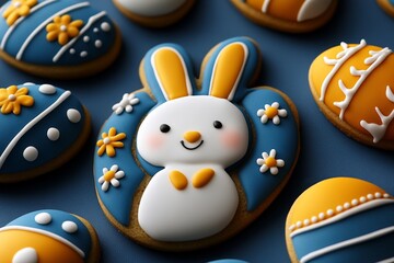 Fototapeta premium Easter cookies shaped like bunnies and eggs decorated with bright icing and sprinkles, a sweet treat for the holiday