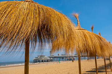 Eine Reihe mit Bast Sonnenschirmen am Strand von Scheveningen in den Niederlanden