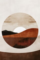 An abstract landscape featuring a sun setting behind hills with earthy tones and minimalist style.