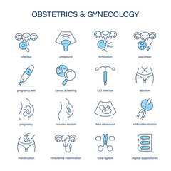 Naklejka premium Obstetrics and gynecology vector icon set. Medical icons.