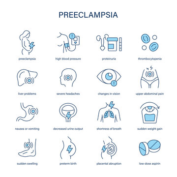 Preeclampsia symptoms, diagnostic and treatment vector icons. Medical icons.