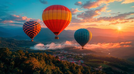 Naklejka premium Colorful balloons hovering over the mountains at dawn, against a background of blue sky and greenery