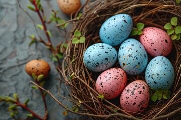 Obraz premium Nestled Easter Eggs: A delicate nest cradles vibrant, speckled Easter eggs, symbolizing new beginnings and hope. The soft blue and pink hues evoke a sense of springtime joy and celebration.