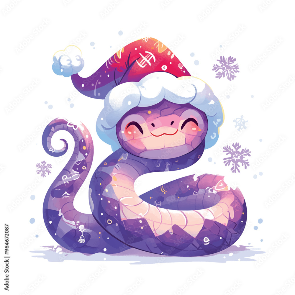 Poster 2025 purple snake with a snowflake pattern on its body. the snake is smiling and has a long tongue s