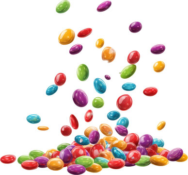 Colorful candy beans falling in mid-air on white background
