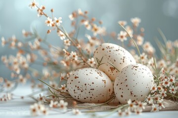 Fototapeta premium Rustic Easter Charm: Speckled eggs nestle amongst delicate white blossoms, evoking the gentle beauty of spring. 