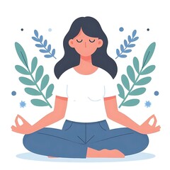 Young woman meditate flat style illustration, leaves on background, white background, isolated, pastel colors