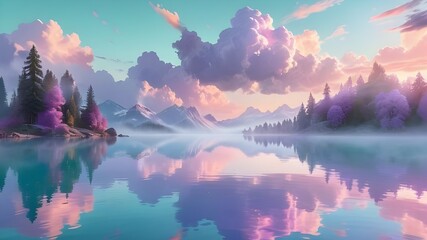 Etheral background with sunrise over lake
