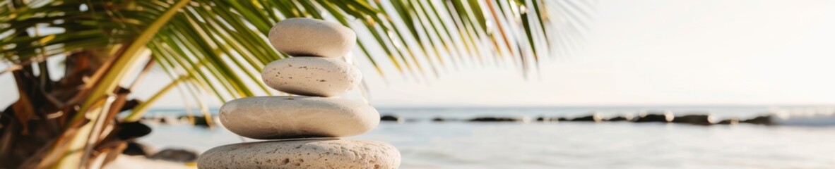 Beach Stones Stack on Small Sandy Island with Palm Trees, Clear Sky, Representing Balance and Peace in Tropical Escape