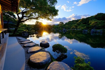 Golden Pavilion glowing in the golden hour as the setting sun casts long shadows across the tranquil garden