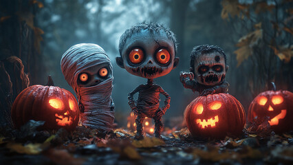 Halloween Night Background with Enchanted Creatures and Jack-o&rsquo;-Lanterns - Perfect Wallpaper for Spooky Autumn Vibes