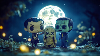 Spooky Halloween Night Scene with Collectible Figurines Against Full Moon - Unique Background and Wallpaper Design