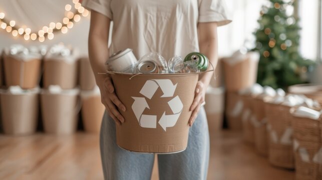 Female Teacher in Her 30s Teaching Recycling and Ecology to Diverse Young Students in a Classroom Lit by Daylight, Engaging and Practical Lesson, Cozy and Warm Atmosphere