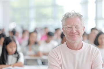Caucasian Male College Professor Teaching Advanced Mathematics in Bright, Well-Equipped Lecture Hall with Attentive Students During Daytime