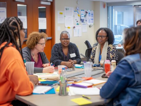 Diverse Group of Male and Female Teachers in Their 30s to 60s Discussing Teaching Strategies in a Bright Conference Room
