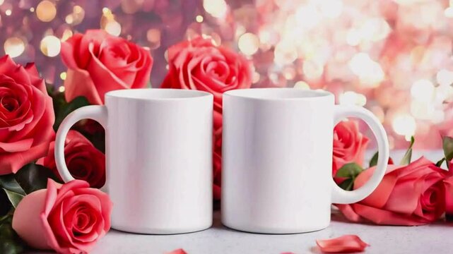 Valentine Mug Mockup - Romantic Coffee Cup Design Template with Hearts and Flowers, love-themed mug designs
