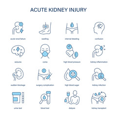 Acute Kidney Injury symptoms, diagnostic and treatment vector icons. Medical icons.