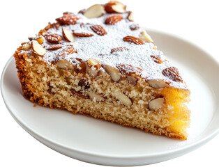 Slice of almond cake with powdered sugar and nuts on a white plate
