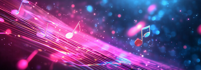 Colorful Musical Notes Flowing on a Vibrant Wave Background