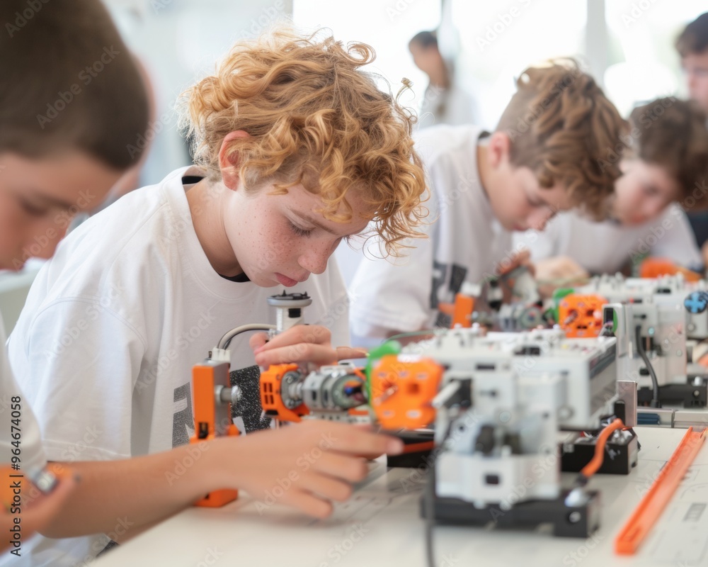 Aufkleber Diverse Group of Middle School Students Collaborating on Robotics Project in Modern Classroom, Emphasizing Technology and Teamwork during Daytime