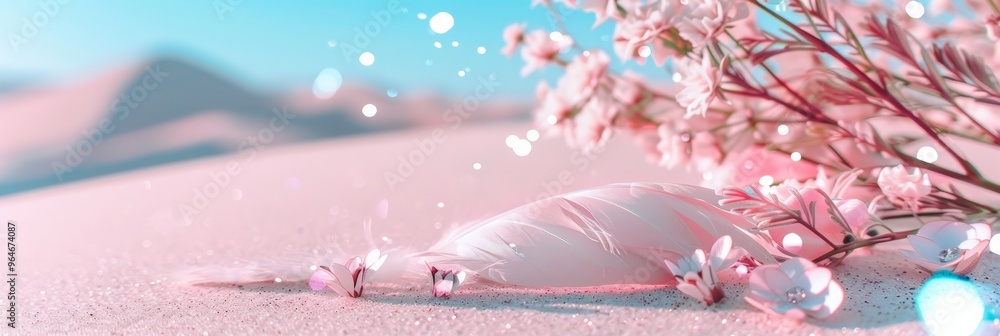 Poster ethereal desert display soft pink sand surface with pastel petals and feather, surreal bokeh effect-