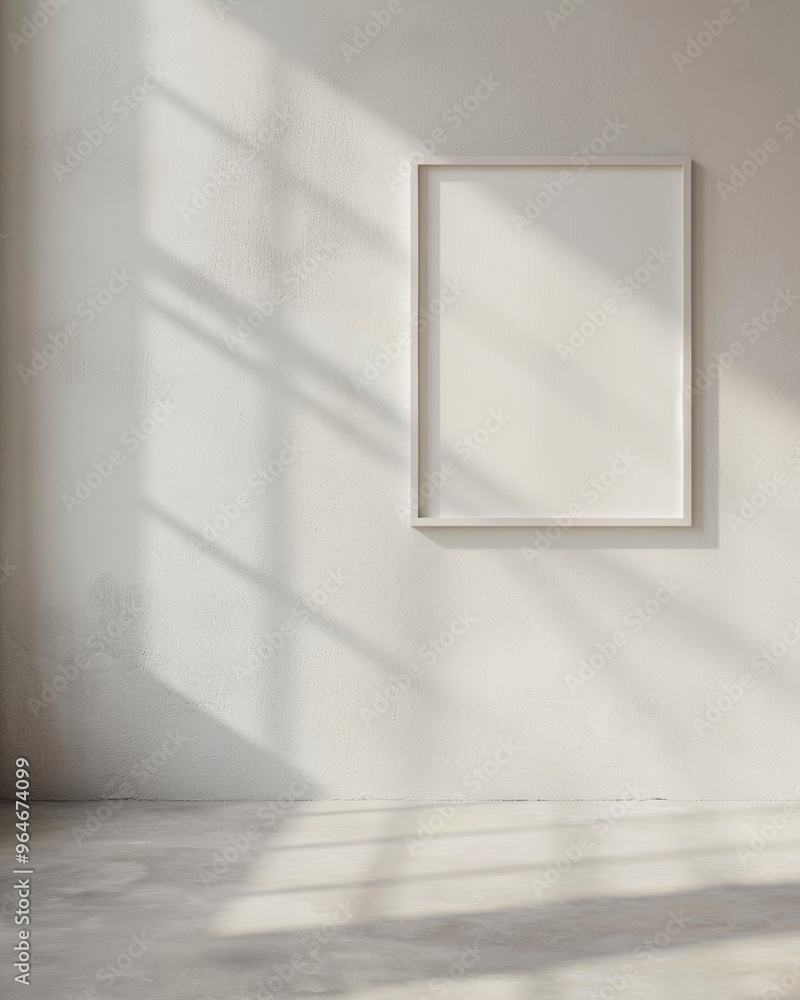Poster indoor minimalist soft white plaster wall with empty frame for poster mockup - low-angle shot with t