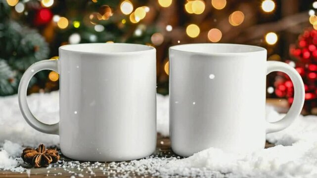Christmas Mug Mockup - Festive Coffee Cup Design Template with Snowflakes and Ornaments, Christmas-themed mug mockups with a festive design element.
