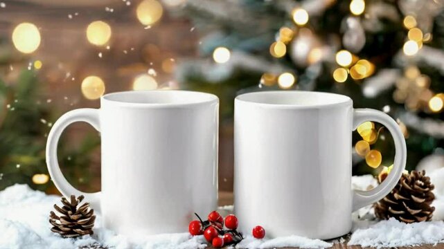 Christmas Mug Mockup - Festive Coffee Cup Design Template with Snowflakes and Ornaments, Christmas-themed mug mockups with a festive design element.
