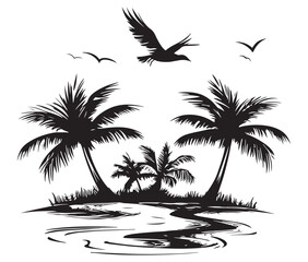 Fototapeta premium Tropical island with palm trees silhouette on the beach Summer vacation vector