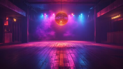 An empty stage with a wooden floor, lit by overhead lighting. A large glowing disco ball hangs in the center of the ceiling, throwing bright spots of light around the room.